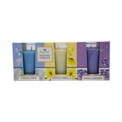 Set 3 lumanari parfumate pahar, Fresh Linen + Vanilla + Lavender