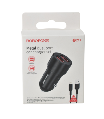 Borofone incarcator auto dual usb+cablu iph 1m bz19